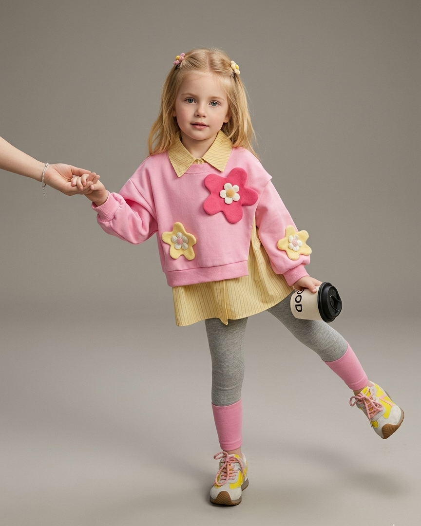 Conjunto niña 3 piezas sudadera y camiseta interior flores 3D ropa infantil,destacada para looks elegantes y sencillos en España