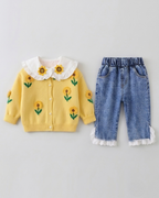 Conjunto niña 2 piezas: blusa tejida con cuello decorado y pantalón vaquero elegante en España