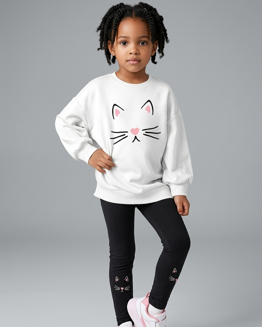 Conjunto niña invierno estampado gatos con sudadera blanca y leggings negros con diseño de gato.