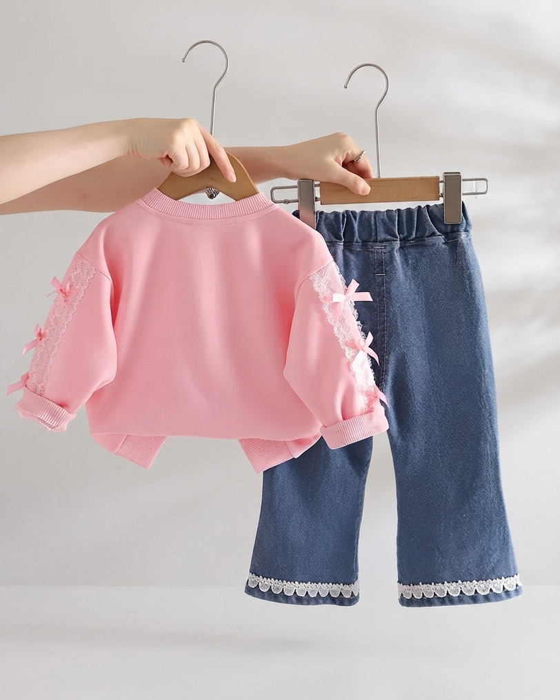 Conjunto Infantil para Niña con Corazón 3D y Pantalón Vaquero Cómodo y Elegante