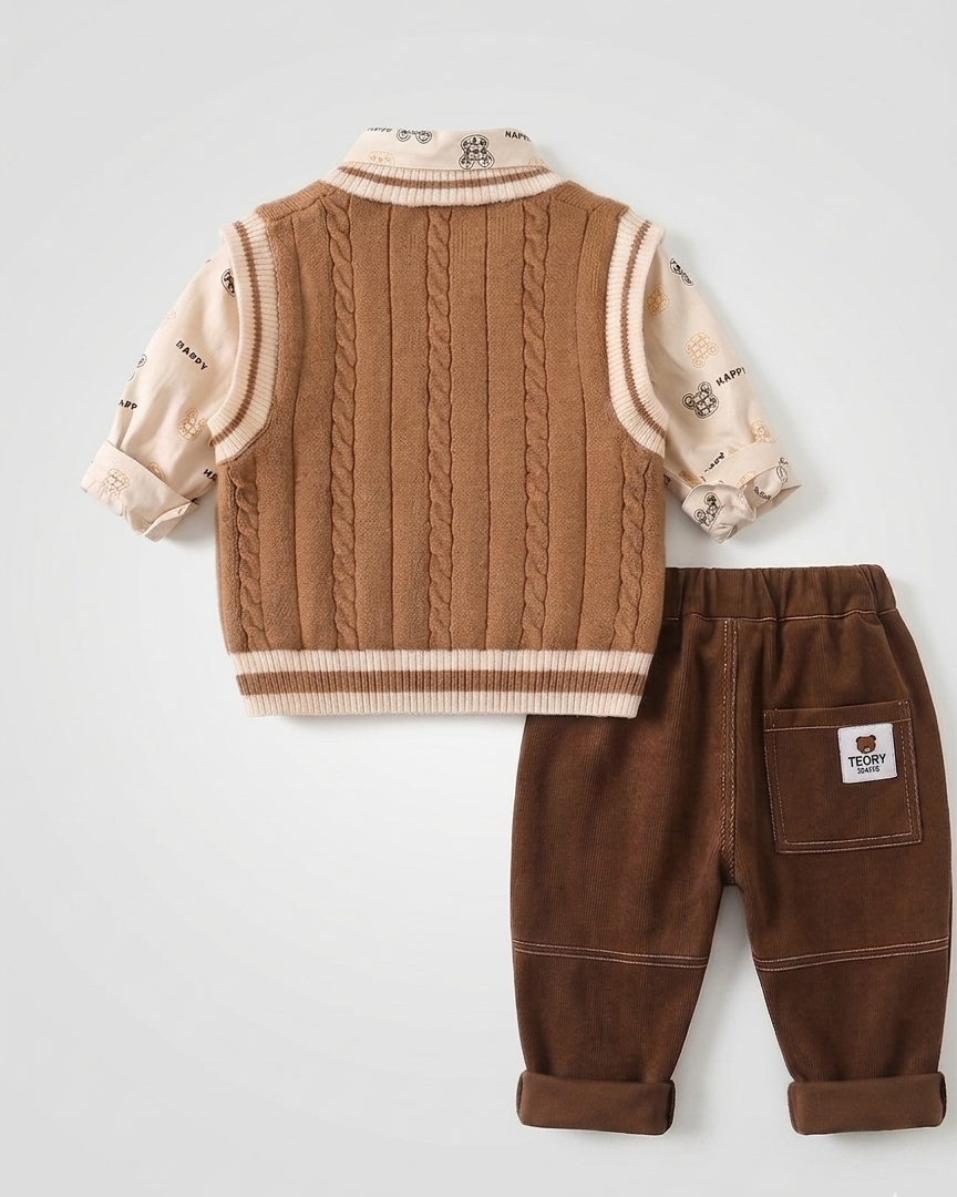 Conjunto niño invierno 3 piezas camisa chaleco de lana y pantalón cómodo vista completa