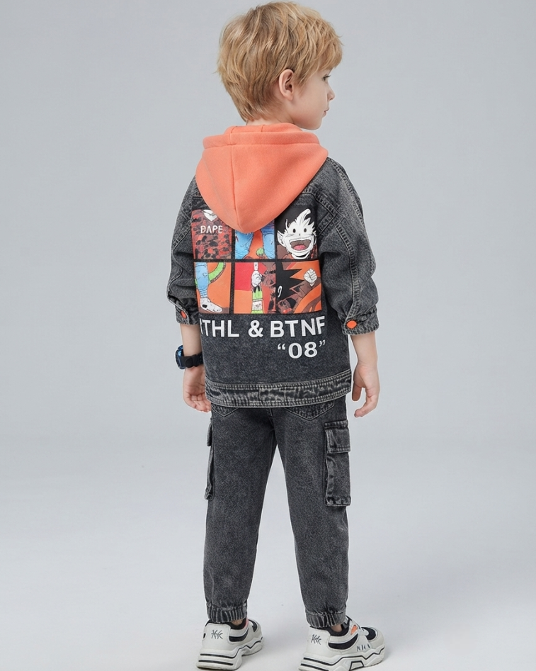 Conjunto Vaquero Niño 3 Piezas ,Chaqueta, Camiseta y Pantalón Cargo