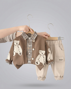Conjunto Bebé Niño 3 Piezas, Cárdigan Oso, Camisa de Cuadros y Pantalón Beige