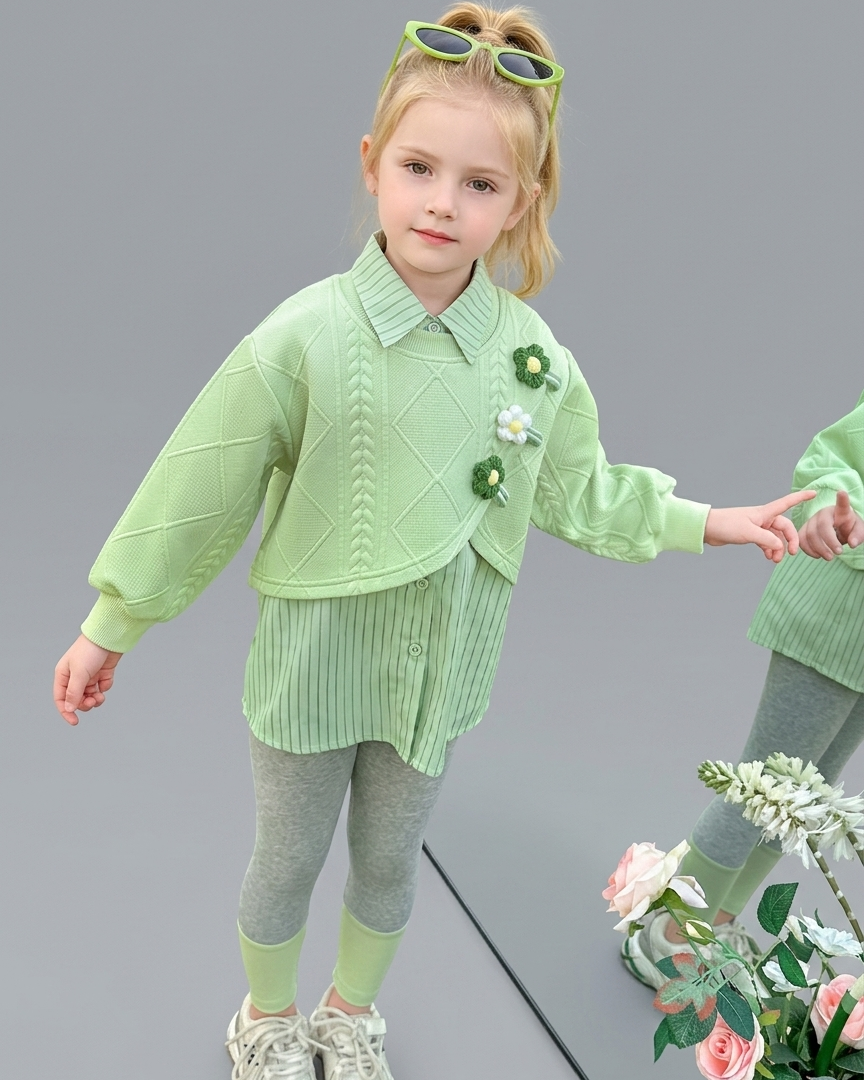 Conjunto Niña 3 Piezas Otoño Invierno Flores Bordadas