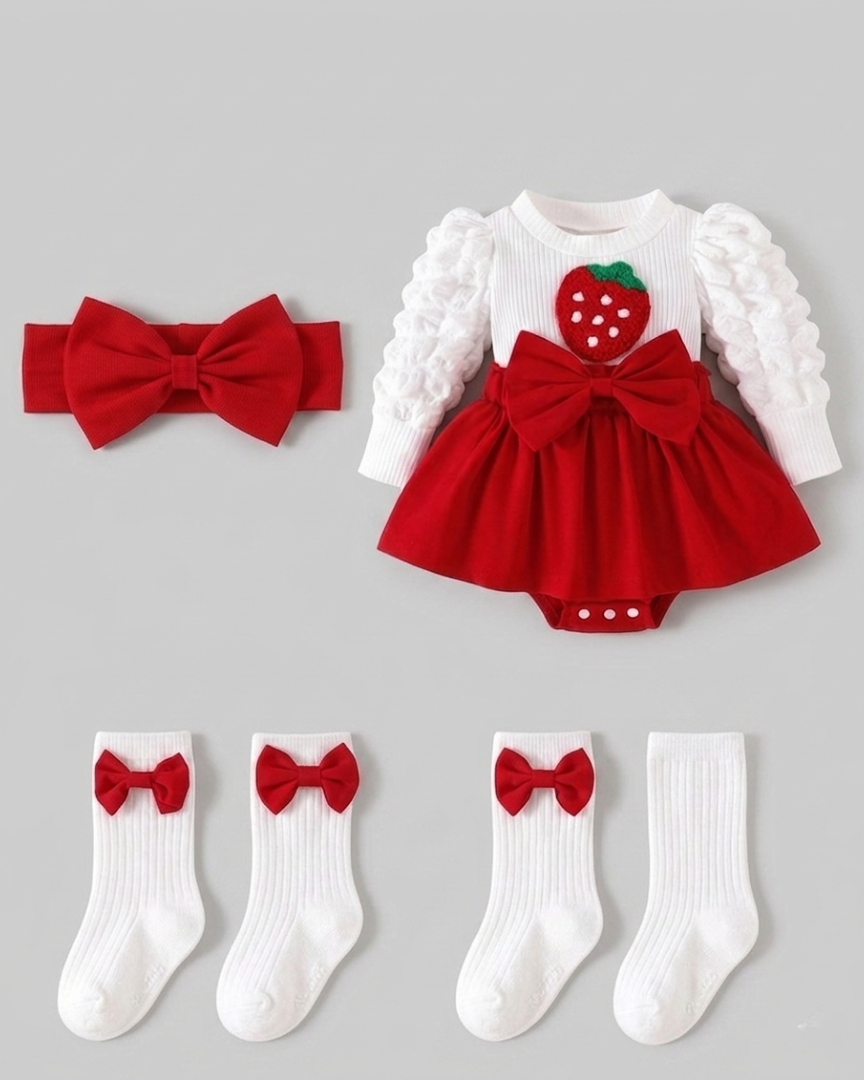 Vestido bebé niña dos piezas con lazo rojo y estampado de fresas – conjunto ropa bebé niña para fiestas en España