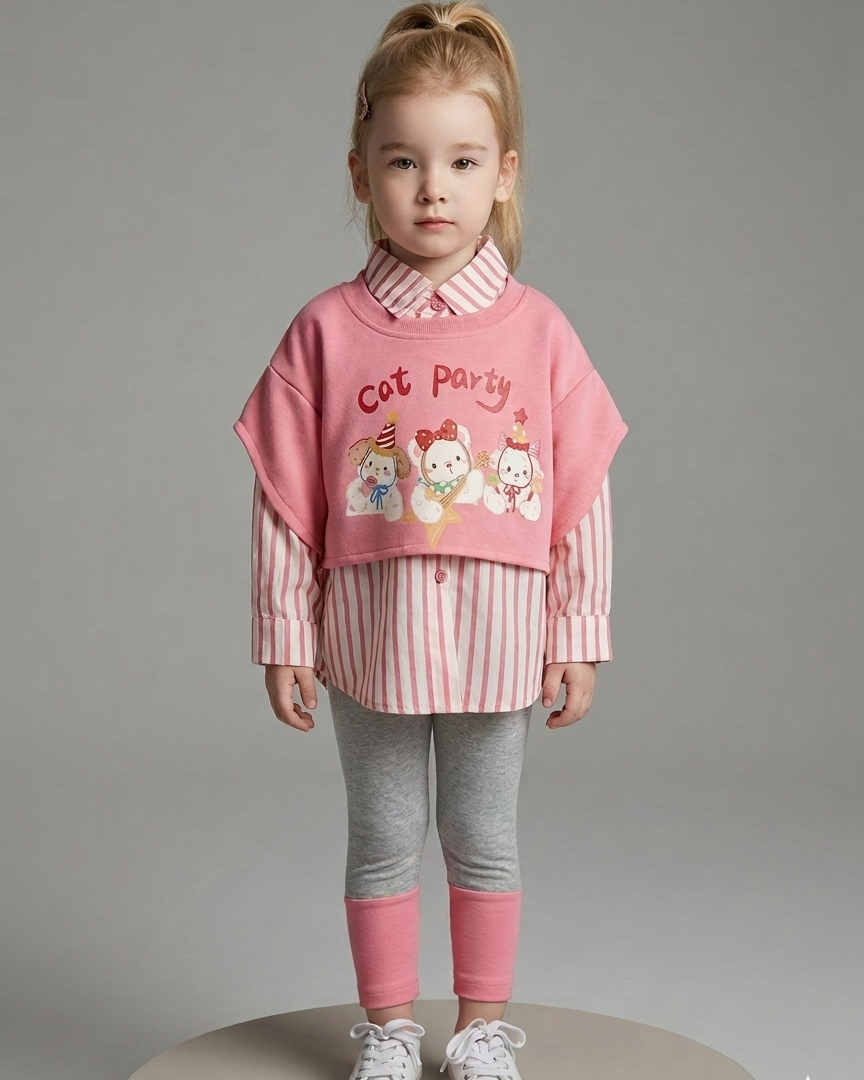 Conjunto niña 3 piezas ropa niña suéter corto, camisa a rayas y chaleco multicolor Ideal para primavera en España