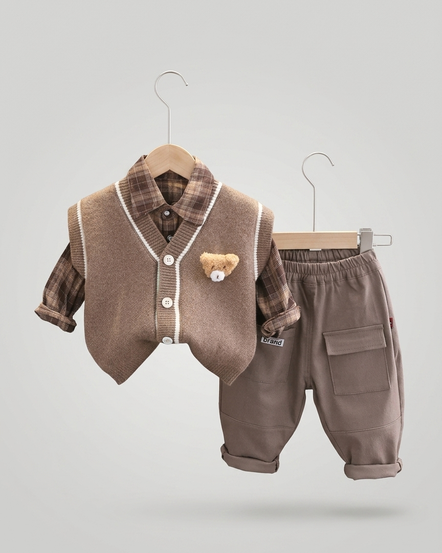 Conjunto ropa bebé niño 3 piezas invierno camisa de cuadros chaleco de lana pantalón , Ideal para clima otoñal en España