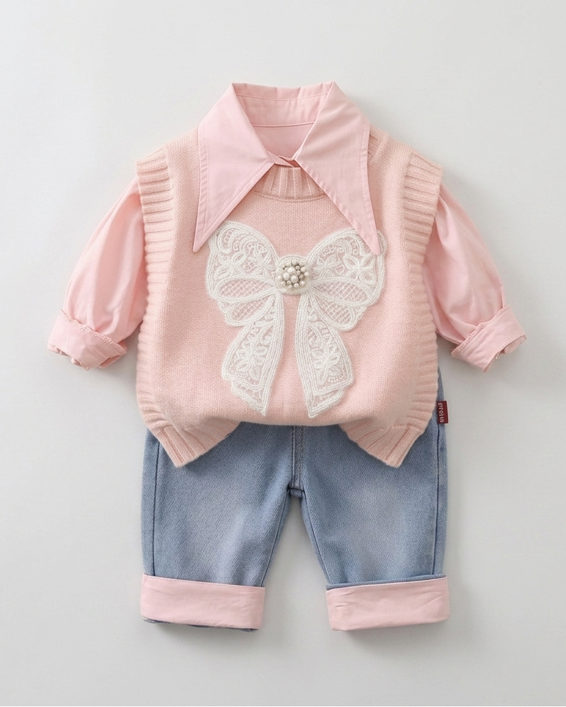 Conjunto niña 3 piezas invierno: camisa manga larga, chaleco de lana y pantalón vaquero en España