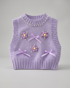Conjunto niña 3 piezas ropa infantil blusa mangas abullonadas chaleco perlas y pantalón vaquero,Ideal para primavera y para clima otoñal en España
