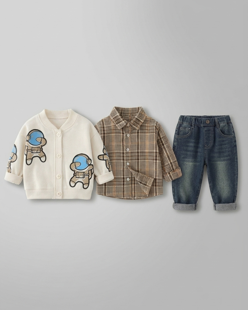 Conjunto niño 3 piezas ropa niño astronauta con chaqueta, camisa de cuadros y pantalón vaquero en España