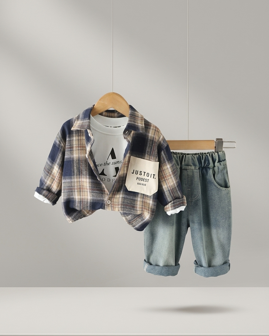 Conjunto niño 3 piezas de ropa niño: camiseta de algodón, camisa de cuadros y pantalón vaquero ancho cómodo en España