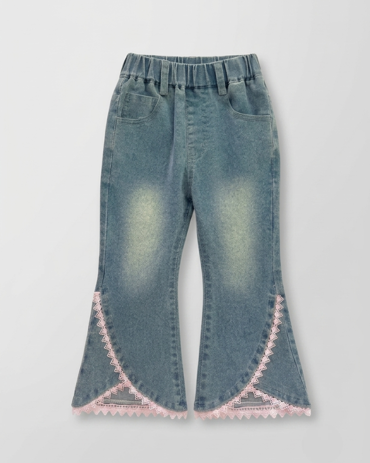 Conjunto niña 3 piezas elegante con blusa, suéter de punto y pantalón vaquero acampanado con encaje,en España
