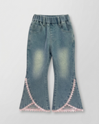 Conjunto niña 3 piezas elegante con blusa, suéter de punto y pantalón vaquero acampanado con encaje,en España