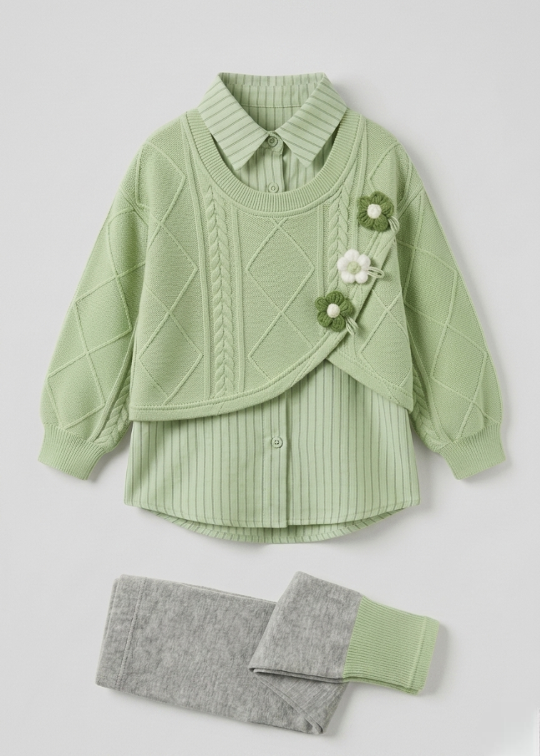 Conjunto niña 3 piezas otoño invierno con bordado de flores ideal para clima otoñal y principios vista frontal