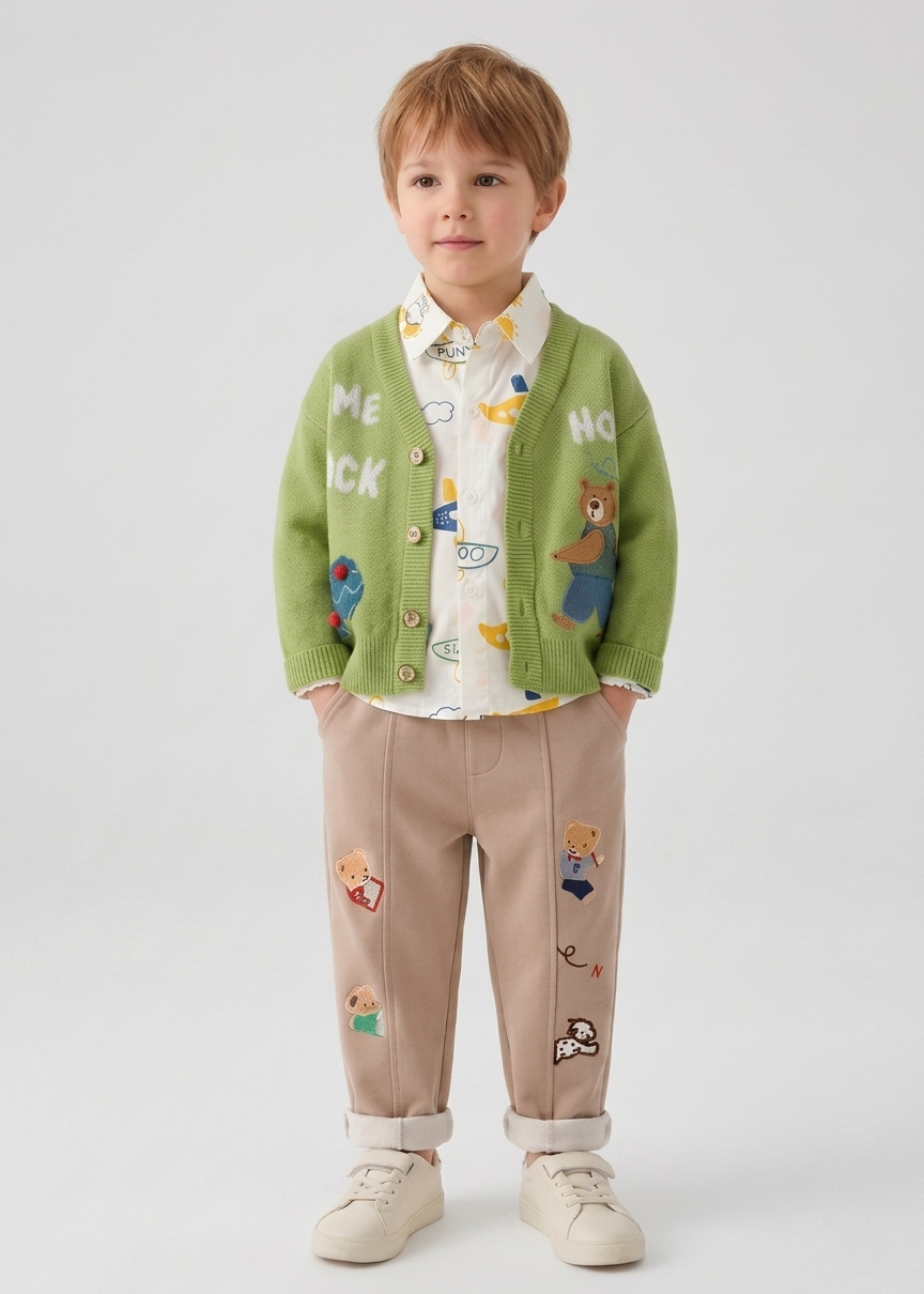 Conjunto bebé invierno 3 piezas con suéter de lana bordado camisa y pantalón vista completa