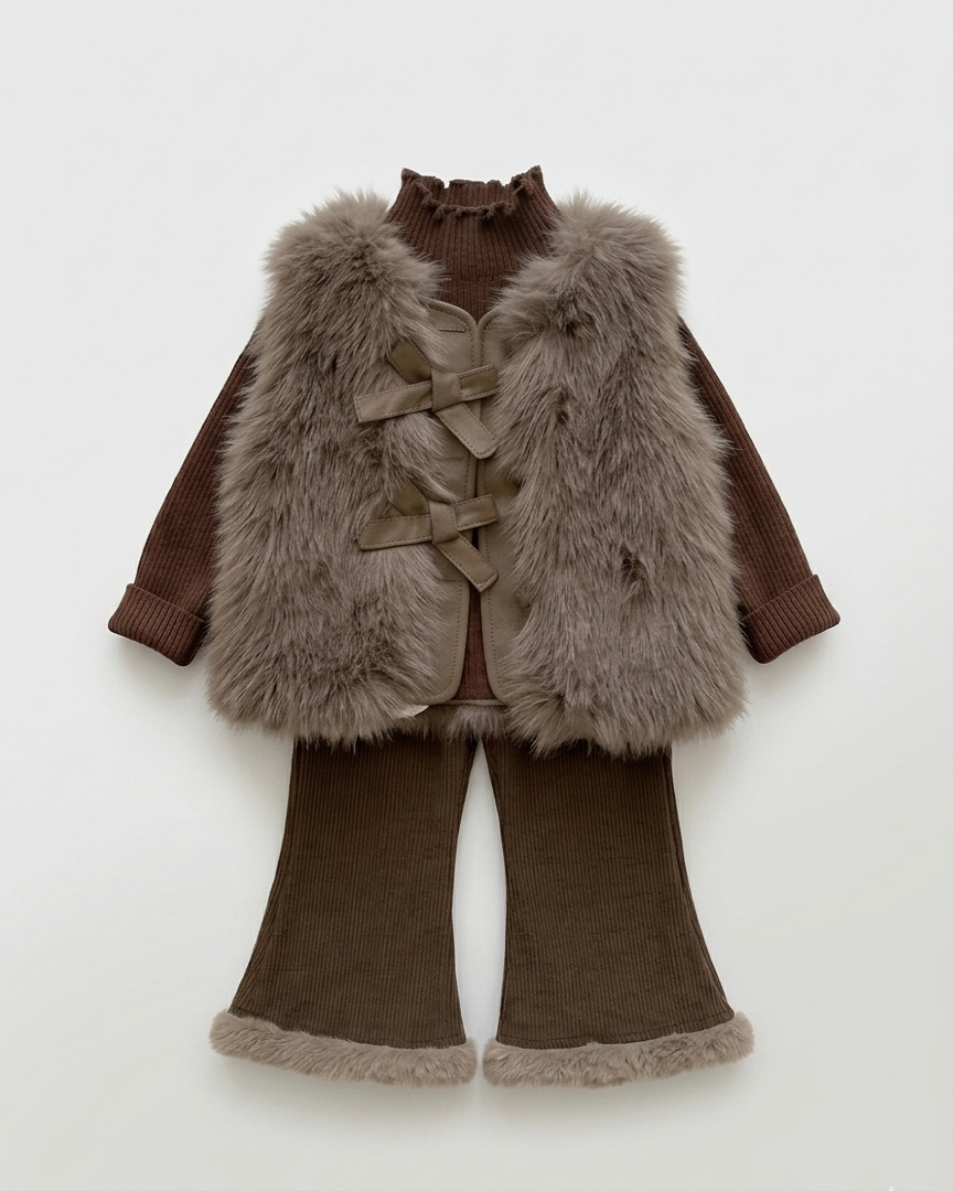 Conjunto niña invierno 3 piezas elegante con chaqueta y chaleco de piel sintética Ideal para clima otoñal en España