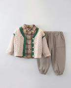 Conjunto bebé niño 3 piezas otoño invierno: camisa cuadros, cárdigan tejido y pantalón ,Ideal para clima otoñal en España
