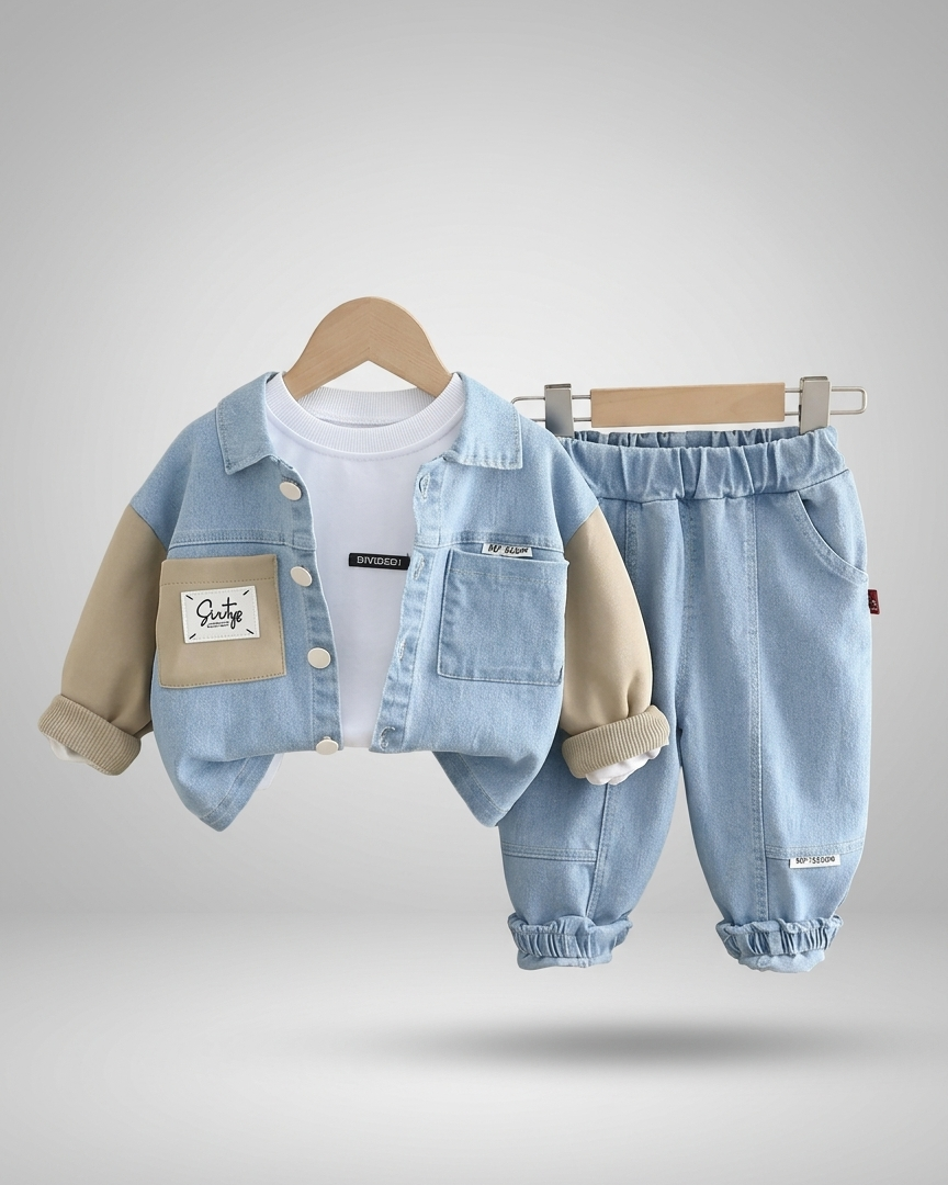Conjunto niño ropa infantil 3 piezas vaquero moderno con camisa y pantalón , Ideal para primavera en España