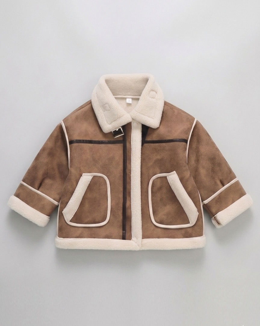 Chaqueta de invierno infantil de piel sintética con forro polar sherpa, cuello alto y diseño moderno en España