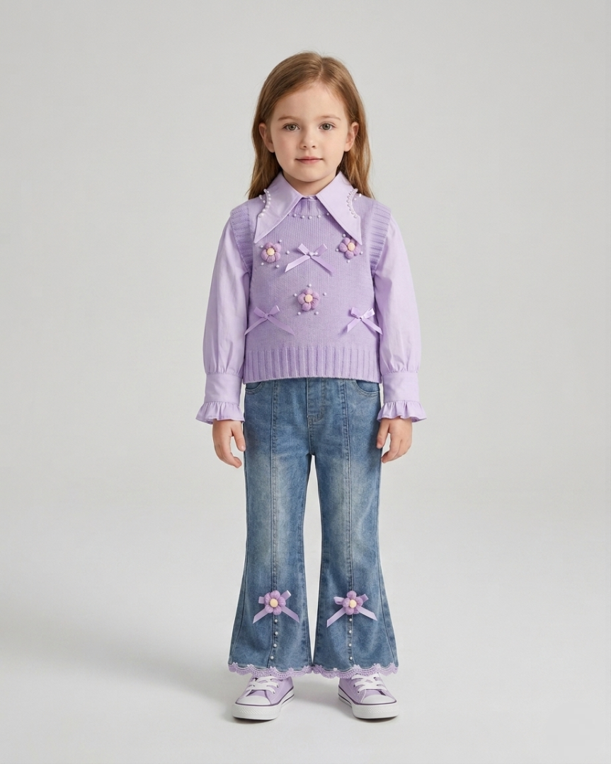 Conjunto niña 3 piezas ropa infantil blusa mangas abullonadas chaleco perlas y pantalón vaquero,Ideal para primavera y para clima otoñal en España