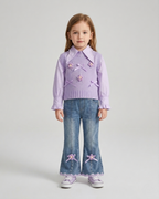 Conjunto niña 3 piezas ropa infantil blusa mangas abullonadas chaleco perlas y pantalón vaquero,Ideal para primavera y para clima otoñal en España