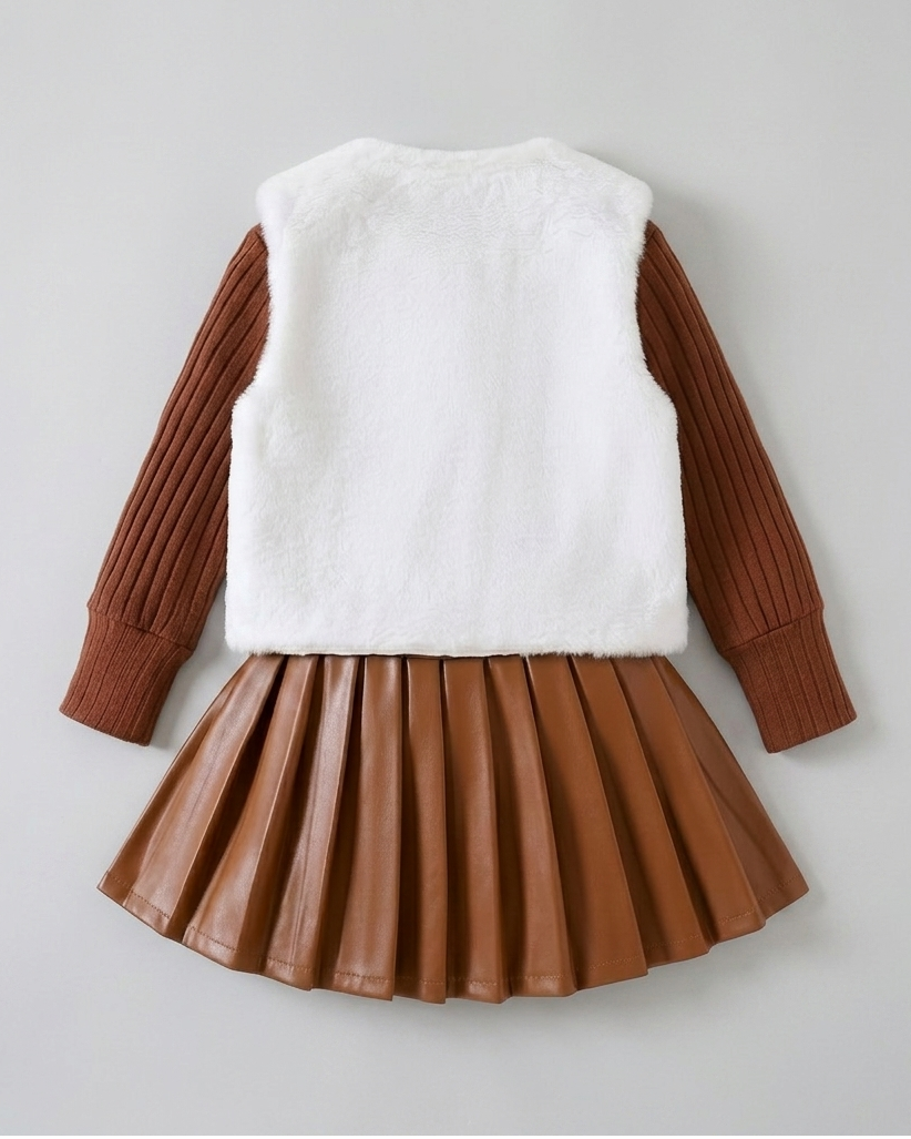 Conjunto niña invierno 3 piezas: suéter de punto, chaleco de peluche y falda de cuero sintético  en España