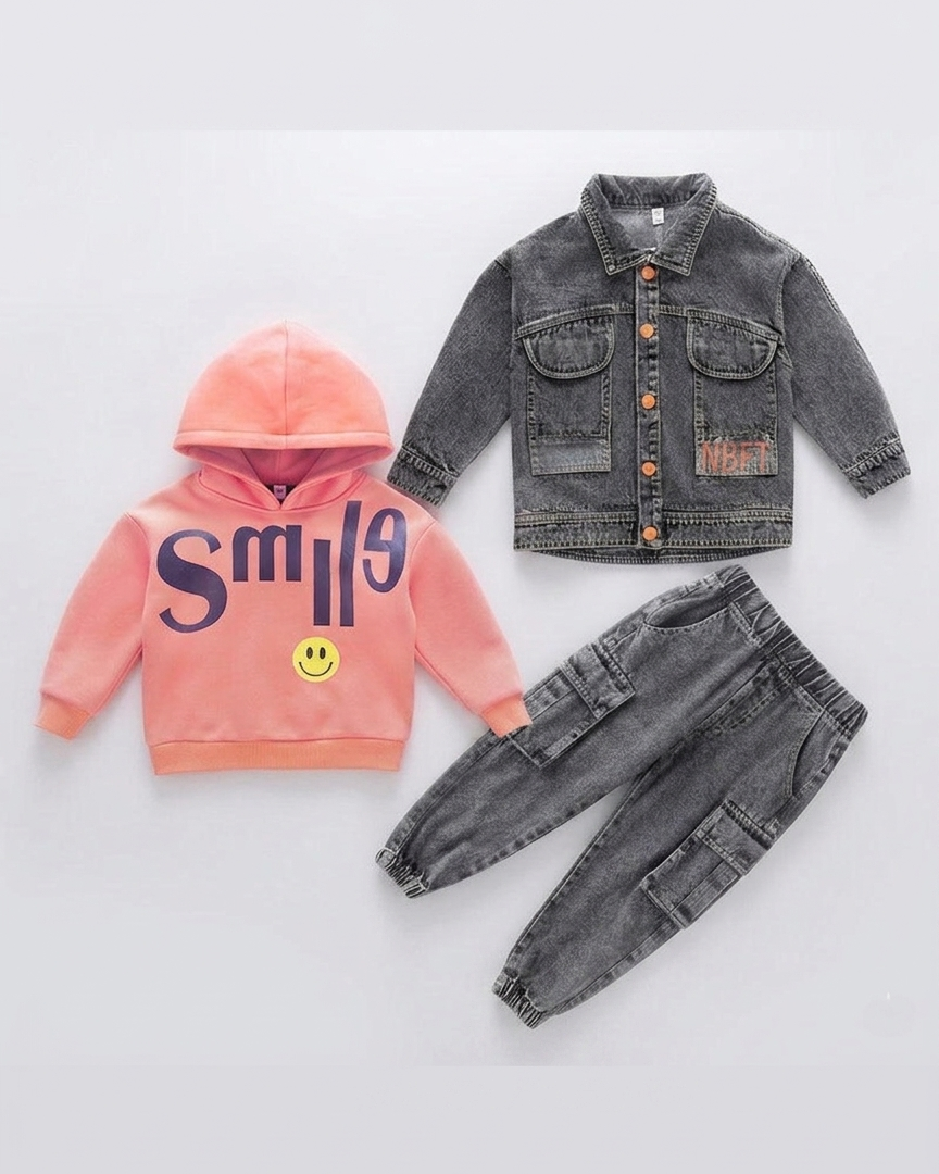 Conjunto infantil 3 piezas con sudadera con capucha, chaqueta vaquera y pantalón vaquero casual en España