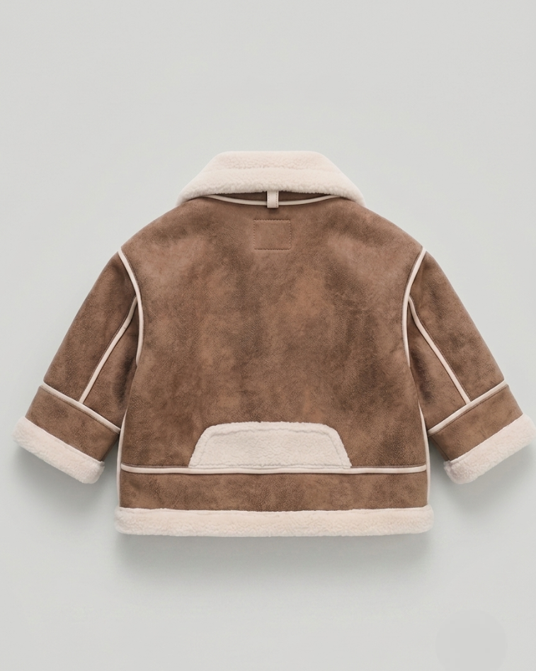 Chaqueta de invierno infantil de piel sintética con forro polar sherpa, cuello alto y diseño moderno en España