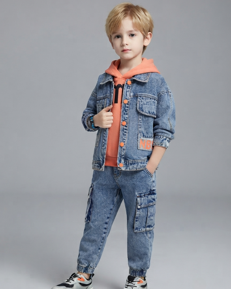 Conjunto Vaquero Niño 3 Piezas ,Chaqueta, Camiseta y Pantalón Cargo