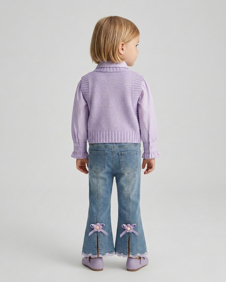 Conjunto niña 3 piezas ropa infantil blusa mangas abullonadas chaleco perlas y pantalón vaquero,Ideal para primavera y para clima otoñal en España