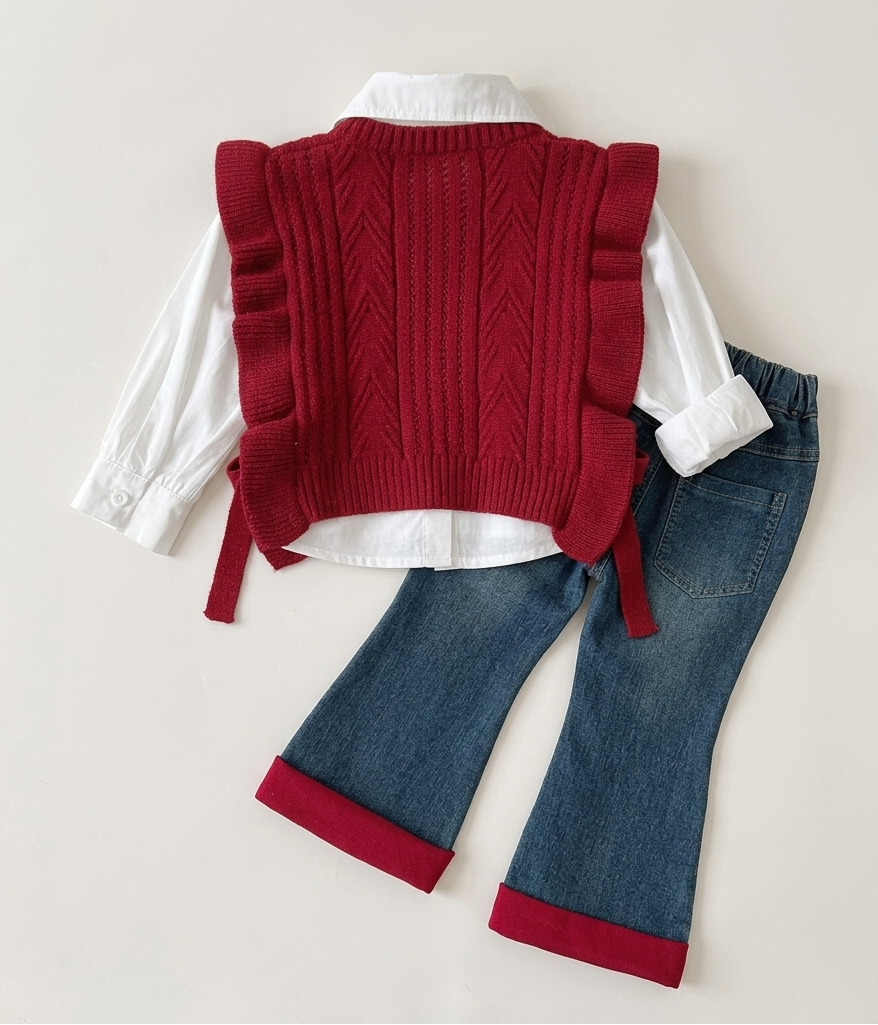 Conjunto cálido de 3 piezas para niñas con cuello ancho y chaqueta de felpa