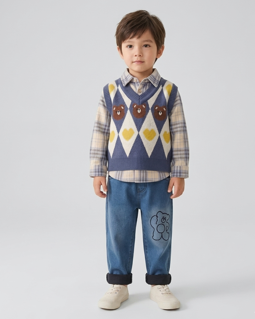 Conjunto niño otoño 3 piezas ropa infantil con chaleco oso y vaqueros en España