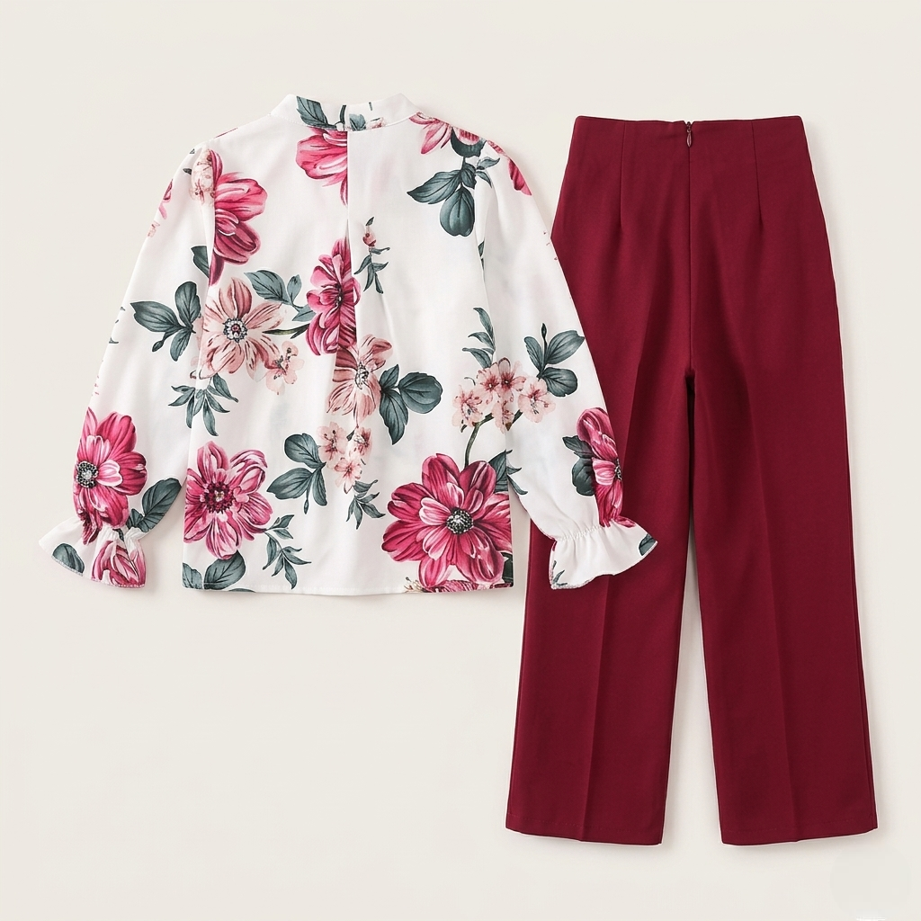 Conjunto de dos piezas: blusa con estampado de flores y pantalón ancho