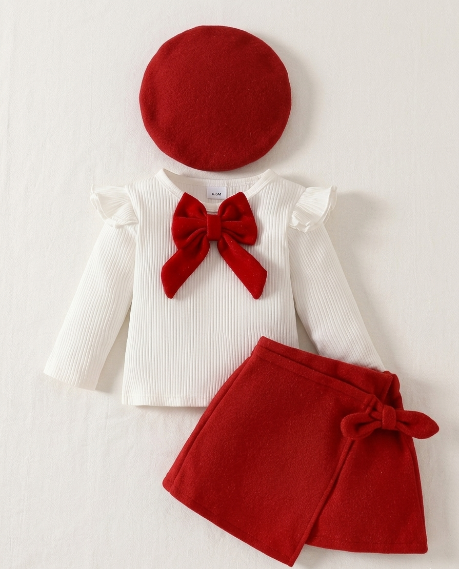 Conjunto de invierno de 3 piezas: blusa, falda y gorro en rojo y blanco ❄️✨