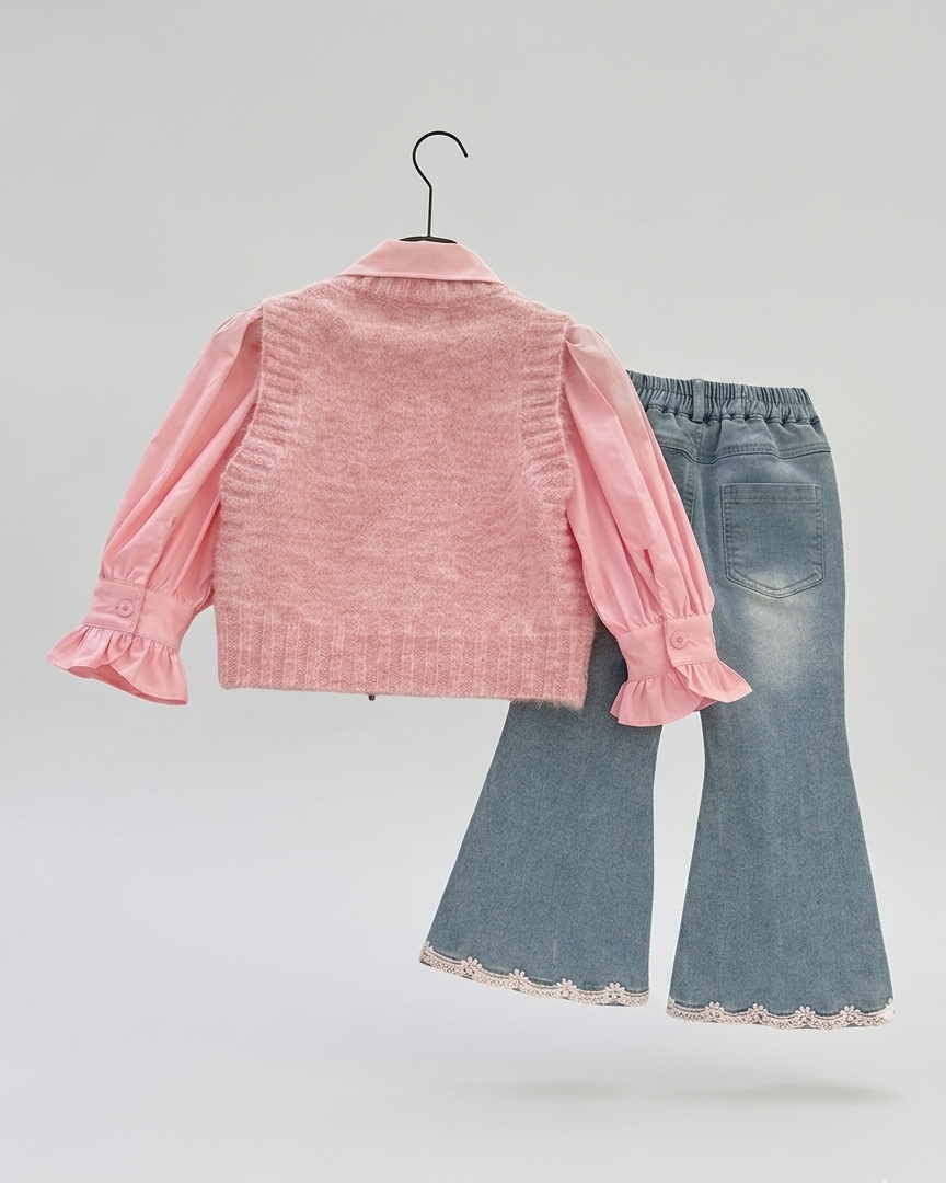 Conjunto niña 3 piezas ropa infantil blusa con volantes chaleco lana y pantalón vaquero en España