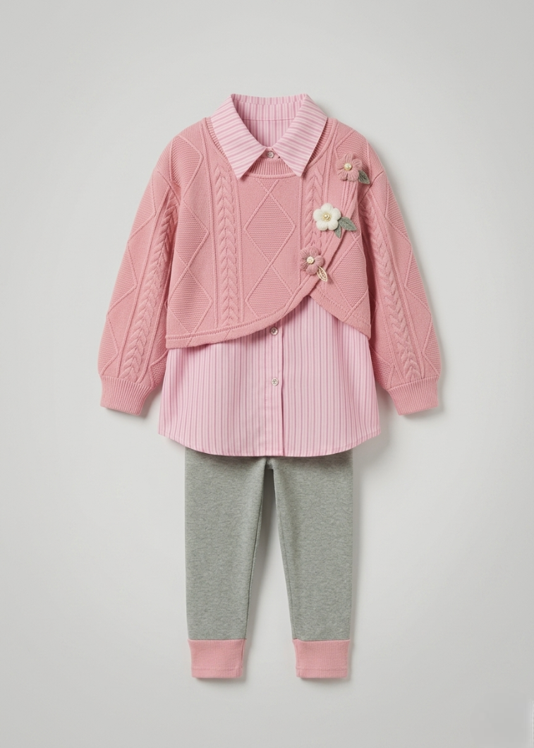 Conjunto niña 3 piezas otoño invierno con bordado de flores ideal para clima otoñal y principios vista completa
