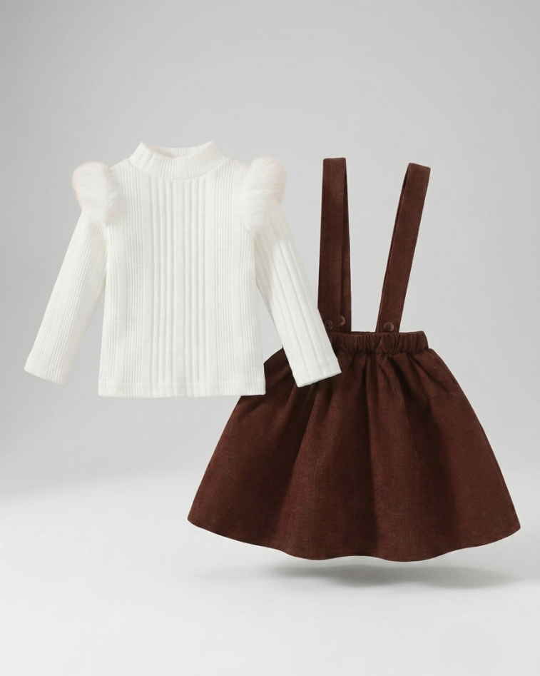 Conjunto niña invierno 2 piezas: blusa manga larga y vestido con tirantes elegante,Ideal para primavera y para clima otoñal en España