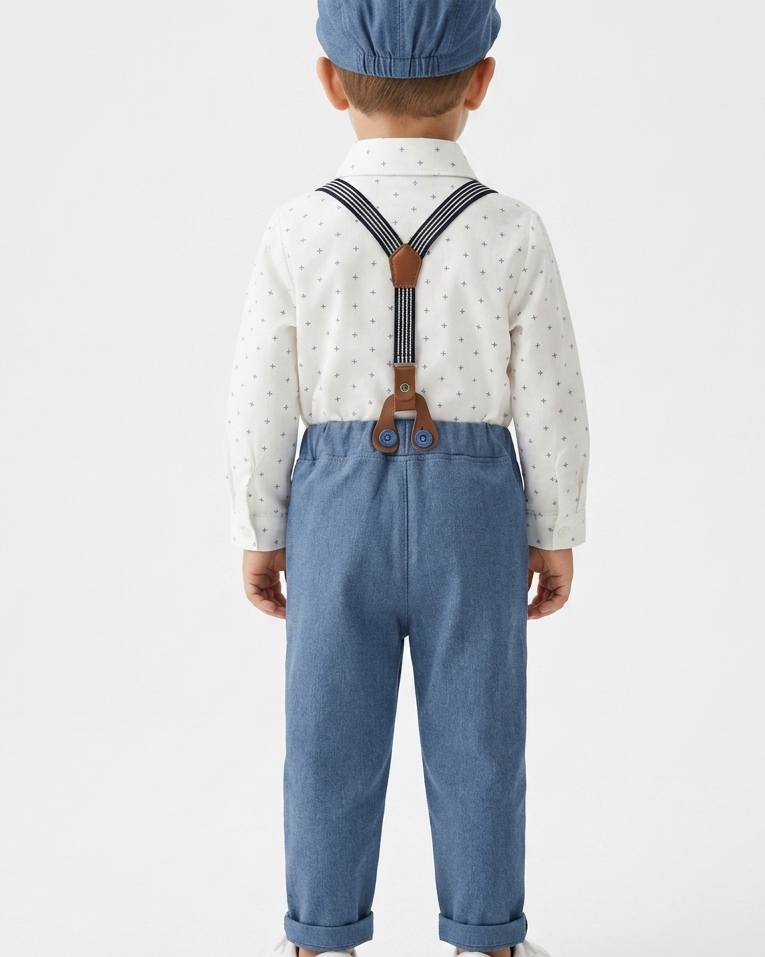 Conjunto bebé niño elegante de 4 piezas con body, pantalón con tirantes, corbata y gorra en España