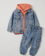 Conjunto vaquero niño 3 piezas ropa bebé niño: chaqueta vaquera, pantalón cargo y camiseta interior Ideal para clima otoñal en España