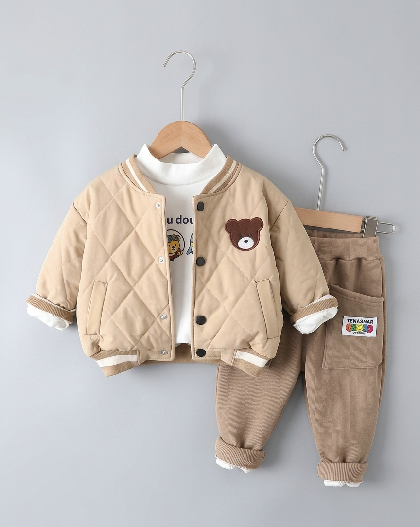 Conjunto bebé niño 3 piezas invierno: chaqueta acolchada con bordado de osito, camiseta interior y pantalón de algodón ropa en España