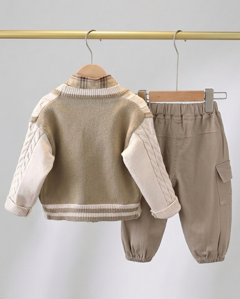 Conjunto bebé niño 3 piezas camisa de cuadros, cárdigan y pantalón