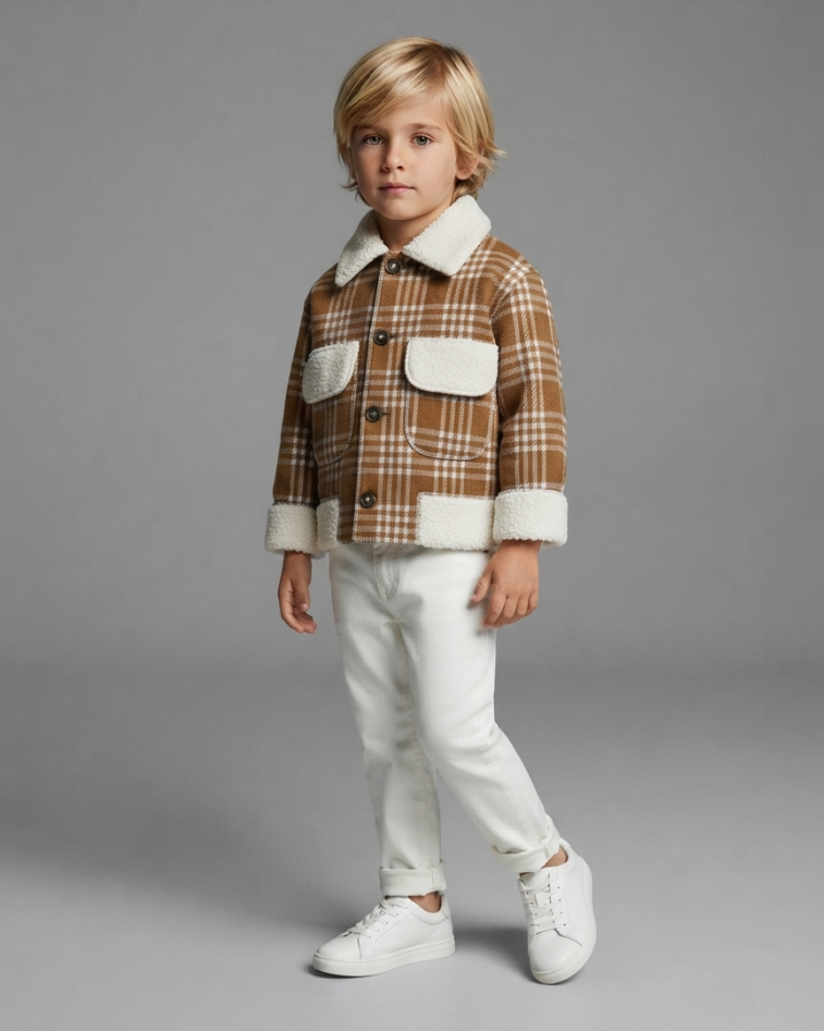 Conjunto Infantil de Cuadros con Chaqueta de Borreguito y Pantalón Blanco