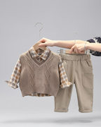 Conjunto bebé niño 3 piezas invierno suéter lana camisa cuadros y pantalón elástico en España