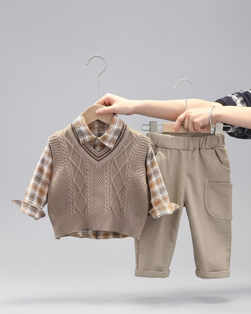 Conjunto bebé niño 3 piezas invierno suéter lana camisa cuadros y pantalón elástico en España