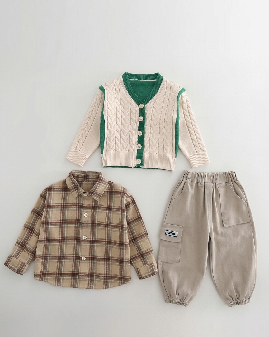Conjunto bebé niño 3 piezas otoño invierno: camisa cuadros, cárdigan tejido y pantalón ,Ideal para clima otoñal en España