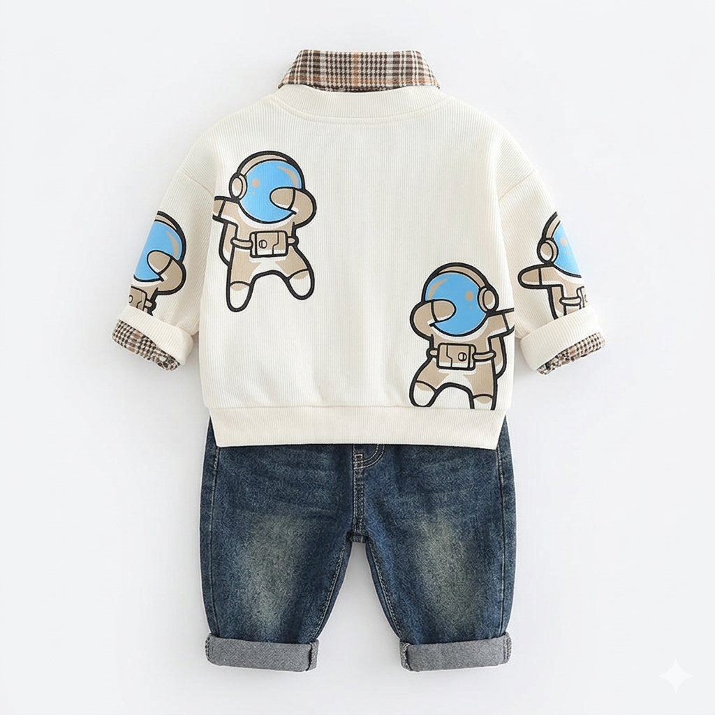 Conjunto niño 3 piezas ropa niño astronauta con chaqueta, camisa de cuadros y pantalón vaquero en España