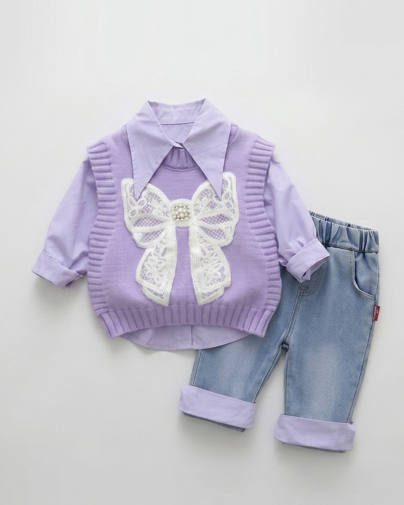 Conjunto niña 3 piezas invierno: camisa manga larga, chaleco de lana y pantalón vaquero en España