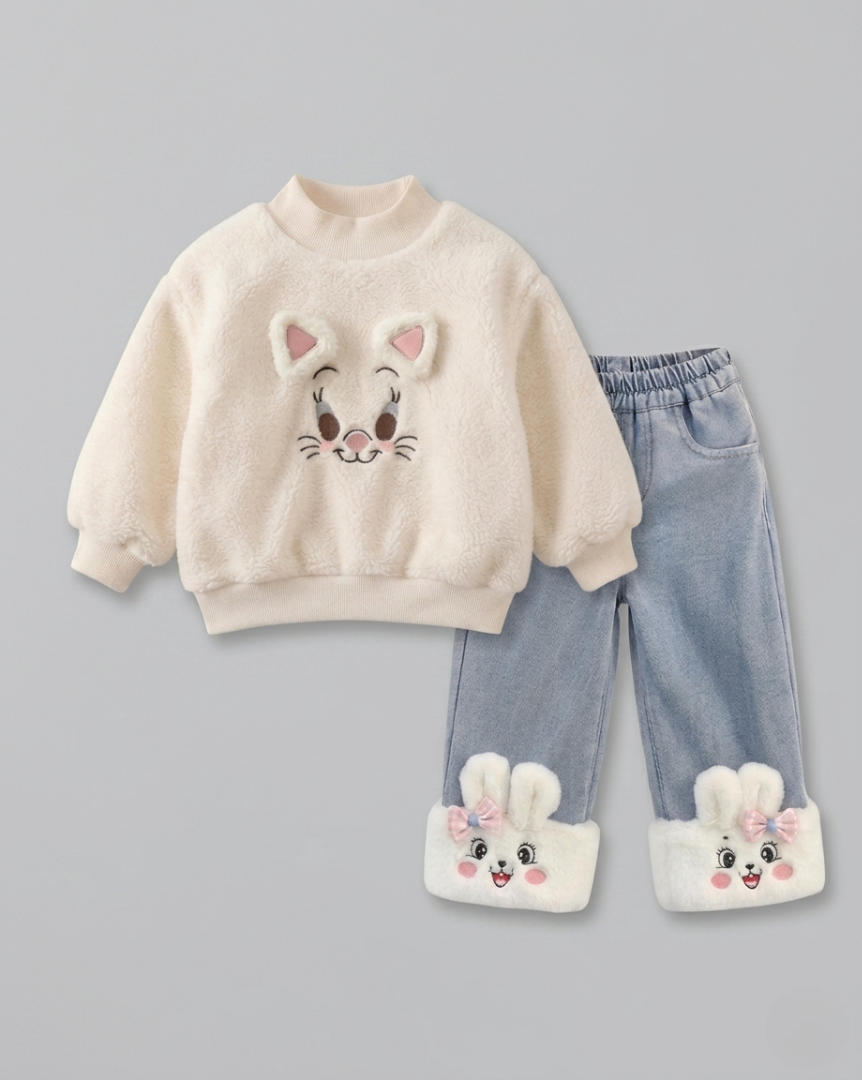Conjunto niña invierno 2 piezas ropa bebé niña suéter con forro de peluche y pantalón vaquero forrado en España