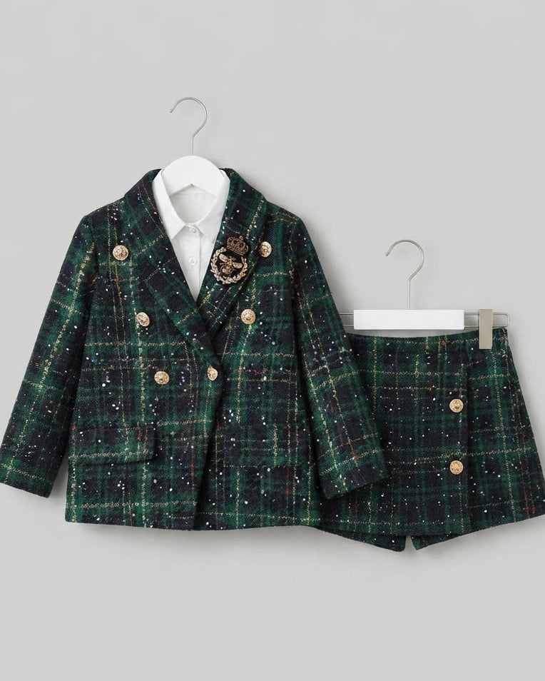 Conjunto Elegante de Tweed Verde para Niñas