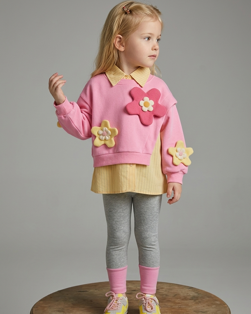 Conjunto niña 3 piezas sudadera y camiseta interior flores 3D ropa infantil,destacada para looks elegantes y sencillos en España